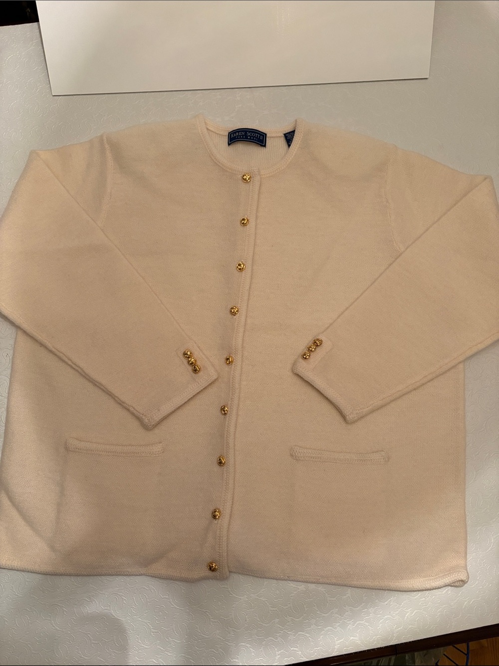 Karen Scott II Cream Cardigan with Gold Buttons 100% Wool